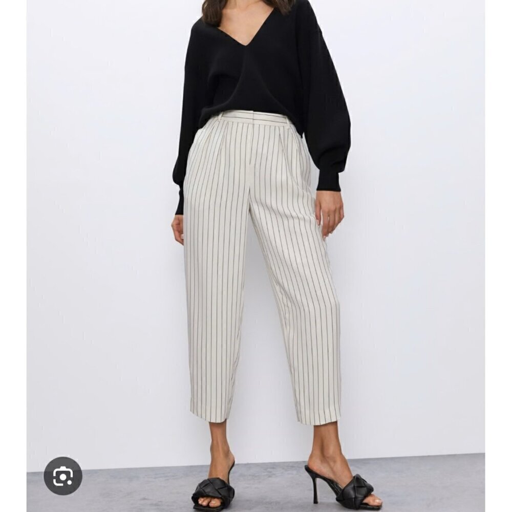 Babaton Highrise taper leg work pants in white with black stripes, Size 4